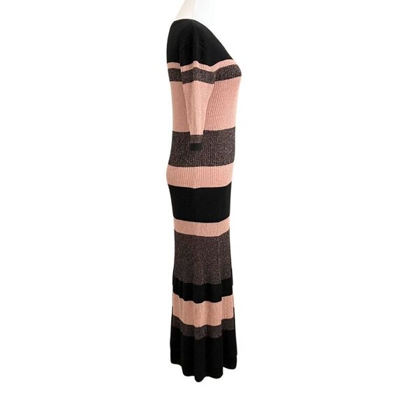 MASSIMO DUTTI BLACK BRONZE GOLD PINK METALLIC STRIPED MIDI RIBBED KNIT DRESS - L - Picture 2 of 7